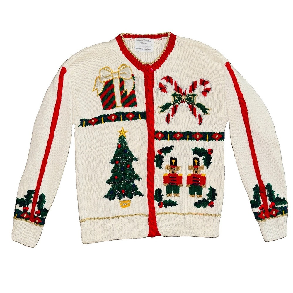 VTG Marisa Christina Christmas Cardigan Sweater M Nutcracker Tree Candy Cane 3D